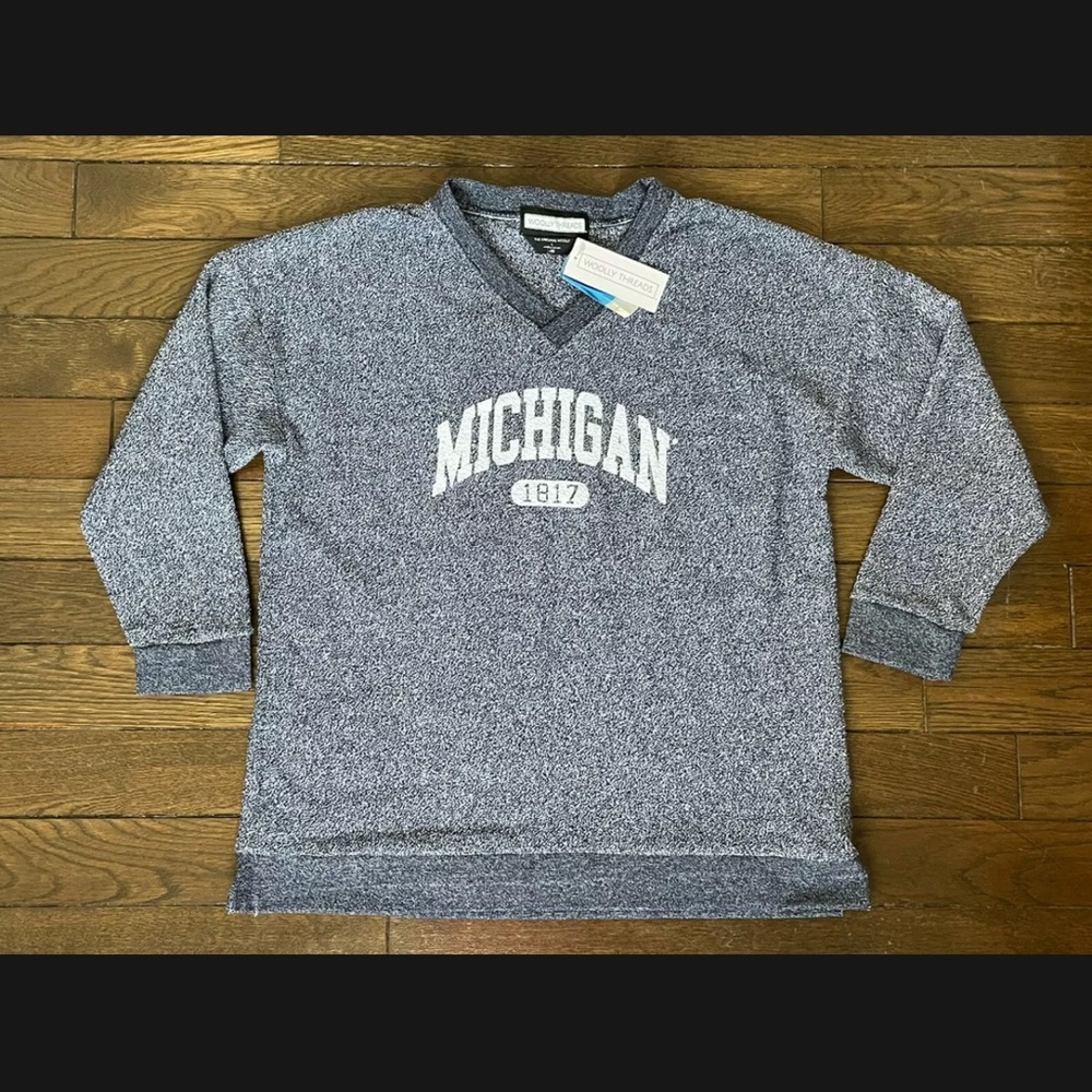 Michigan Wolverines Wooly Threads Womens Campus Heathered Navy Sweatshirt LARGE